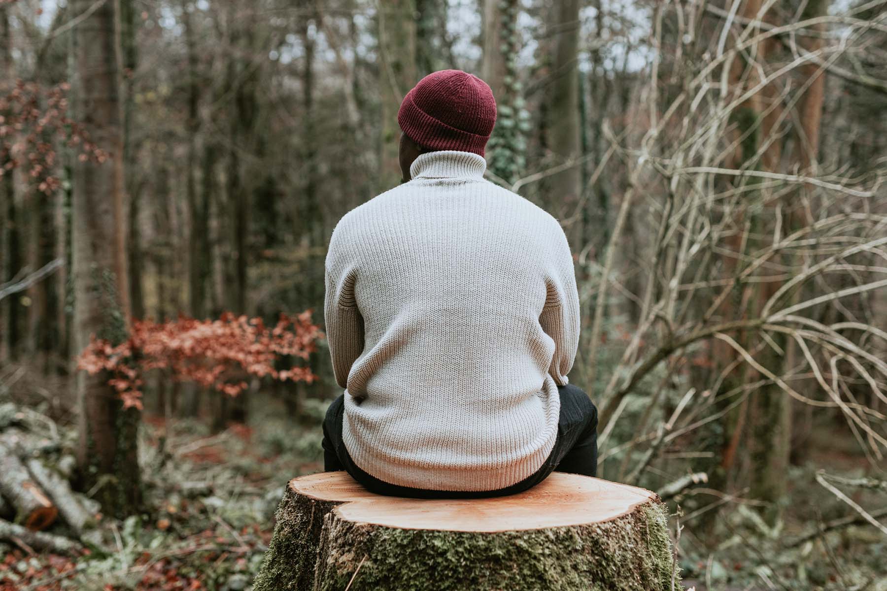 Man sitting alone on a tree stump in the forest, reflecting solitude and introspection often experienced with depression or bipolar disorder